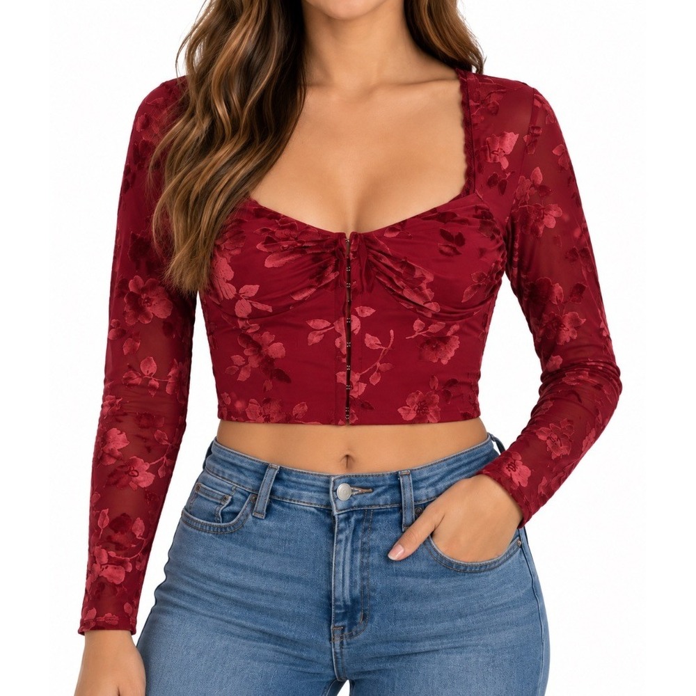 Madden NYC Womens Red Floral Velvet Burnout Crop Top Blouse Long Sleeve XL